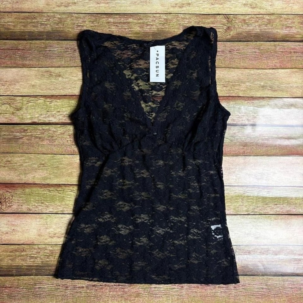 NWT John Galt with PacSun tag black lace top with bow accent. 553